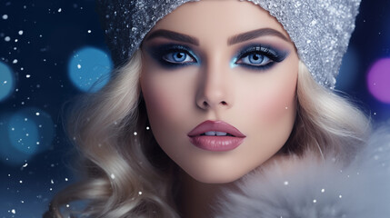 Woman Face Closeup, Winter Beauty, Christmas Makeup