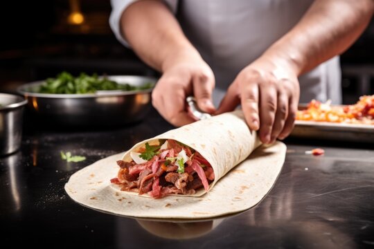 chef filling tortilla with meat for a taco