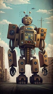 Huge futuristic robot with yellow eyes walks along a city street. Android in an urban environment. Fantasy scene. Technology and science fiction. Motion. Zoom out. Vertical format