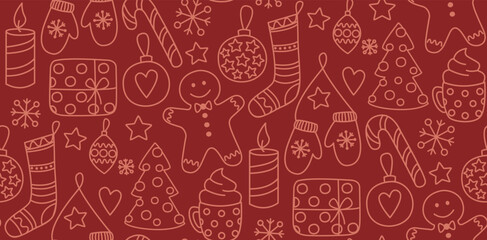 Seamless linear pattern with Christmas things. Vector burgundy backdrop with socks, gingerbread, candles, gifts, stars, snowflakes, Christmas balls, gloves, cup of cocoa, candies, Christmas trees.	