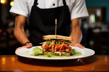 Obraz na płótnie Canvas waiter serving a tempeh sandwich on a diner table