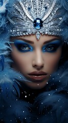 A celestial snow queen, captivating azure eyes, wrapped in shimmering sapphire feathers and diamonds, against a cosmic navy background.