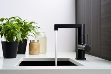 Black kitchen faucet with a white sink and green plant in a stylish modern kitchen. Water tap , faucet. Modern bathroom faucet