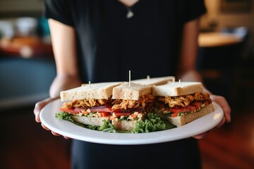 waitress serving plate with tempeh sandwich