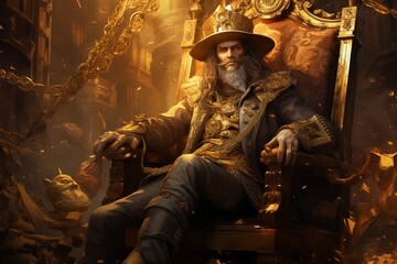 Fototapeta na wymiar A charismatic pirate monarch, with eyes like amber, dressed in warm bronze and gold, sitting imperiously on a golden throne amidst untold riches.