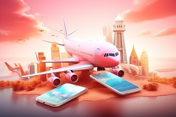 Booking ticket online on mobile application. Payment for ticket for flight airplane online via mobile phone. Plane on smartphone - obrazy, fototapety, plakaty