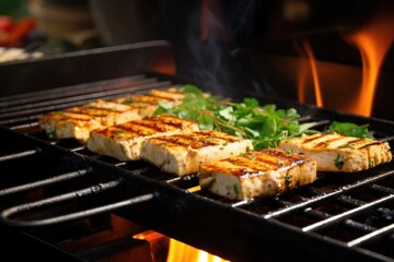 view of tofu steak grilling over gentle flame
