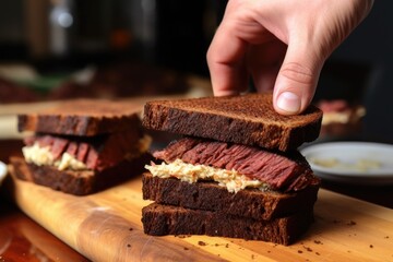 person sandwiching brisket between two pieces of bread - Powered by Adobe