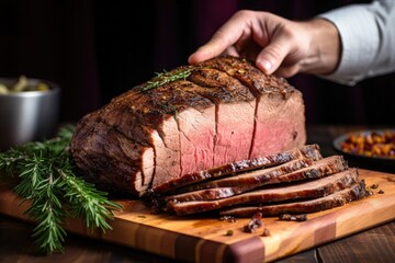 vertical shot of a hand serving beef brisket slices