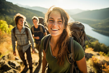 Adventurous Friends Hiking in the Mountains