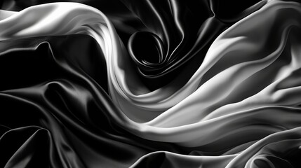 Fototapeta premium Black white silk satin fabric abstract background. Drapery fold crease wavy crumpled. Light shiny glitter shimmer shine. Luxury beauty rich. Sexy. Fluid flow liquid effect. Design. Wallpaper concept.