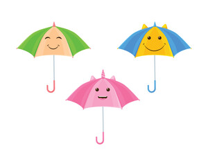 Obraz premium Umbrellas set. Cute colorful umbrellas of various colors. Funny umbrellas with smiles. A funny children s illustration. Vector