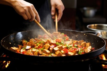 a man flipping tofu pieces over in a sizzling wok