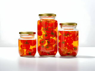 Tomatoes with oil in glass jar minimalism on a white background. High-resolution
