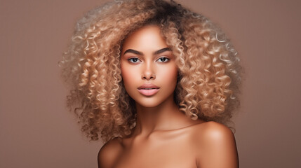 Fototapeta premium Studio beauty portrait of black woman with curly hairstyle. Cheerful and positive emotions. AI generated.
