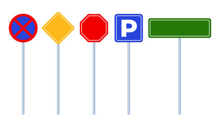 Road signs, set. Traffic signs on white background. Road traffic safety. Vector illustration.
