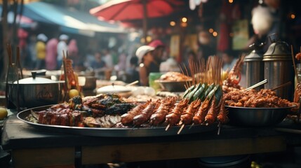 A bustling street food market in Southeast Asia, with various stalls cooking local delicacies. - obrazy, fototapety, plakaty