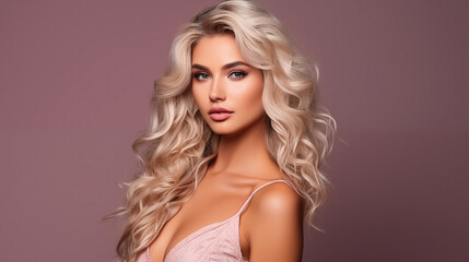 Naklejka premium Fashion portrait of beautiful blonde woman with beautiful waving hair. Cheerful and positive emotions. AI generated.