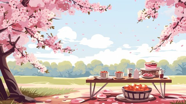 Hello! Spring background vector illustration. Picnic under Cherry blossoms trees