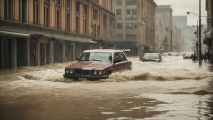 Impact of climate change. Big flood in town. World cataclysm, danger concept.