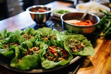 prepping turkey lettuce wraps at a cooking class - obrazy, fototapety, plakaty