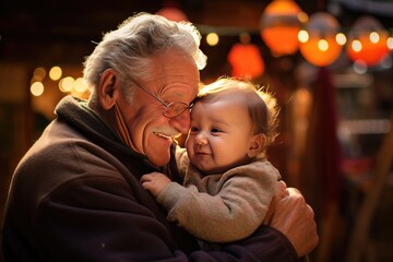 Affectionate grandfather cuddling smiling baby in warm light. Family bonding.