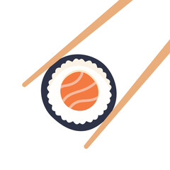 Chopsticks with sushi piece roll. Sushi utensil. Asian seafood. Vector illustration.
