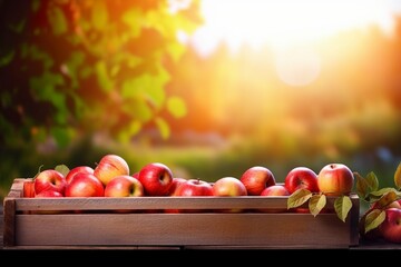 Apples In Wooden Crate On Table At Sunset. Autumn And Harvest Concept. generative ai.