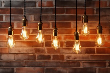 Decorative antique edison style light bulbs against brick wall background. vintage lamp decorative