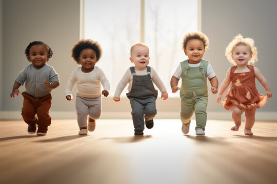 Toddlers of diverse ethnicities taking first steps together. Childhood and development.