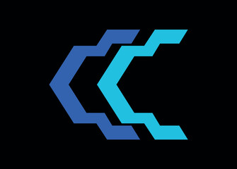 Arrow in cyberpunk style. An edgy cyberpunk illustration featuring a dynamic double blue arrow weaving through an abstract, crazy shape on a pitch-black background. Vector illustration.