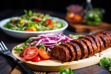 vegan bbq sausage sliced and served with salad - obrazy, fototapety, plakaty