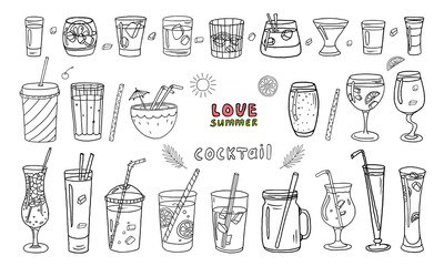 Big set of acoholic and non-acoholic cocktails with ice cubes, straws, fruits. Set of drinks, glasses with drinks. Great for bar menu design, packaging. Hand drawn. Vector illustration. Doodles