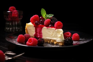Food bakery bake photography - Cheesecake with raspberry berries on plate, on dark table, black background