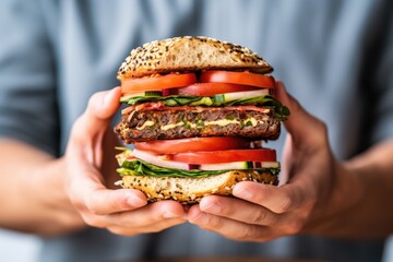 a stacked vegan cheese burger in hands