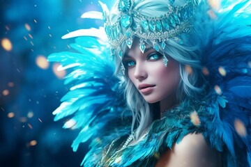 A crystal queen, her teal eyes enchanting, surrounded by feathers in shades of cyan and diamonds, on a bright cyan background.