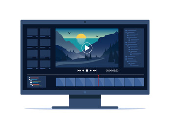 Video editing on desktop computer. Software to edit videos on screen with nature landscape scene, timeline and user interface. Multimedia and film production concept. Vector illustration. - obrazy, fototapety, plakaty