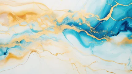 Photo sur Plexiglas Cristaux Marble ombre, alcohol ink, abstract art. Background made of white, gold and light blue paints, gold veins. Generative AI