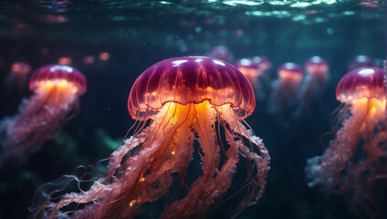 Glowing jellyfish swim deep in the deep blue sea. Medusa neon jellyfish fantasy concept.