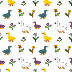 Seamless Pattern of Cartoon Duck and Flower Design on White Background
