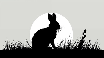 Monochromatic silhouette of a rabbit or Easter holiday bunny illustration on sun or moon grassy background