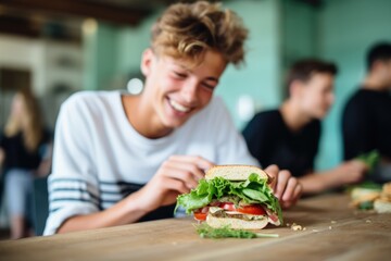teenager appreciating a vegan sandwich at a cooking workshop - obrazy, fototapety, plakaty