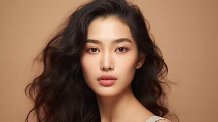 Naklejka premium Fashion beauty portrait of young asian model with waving dark hair on beige background.