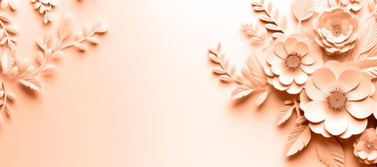 3D rendering of paper-cut plants and flowers on a background. Space for copying. The copy space is peach-colored. - obrazy, fototapety, plakaty
