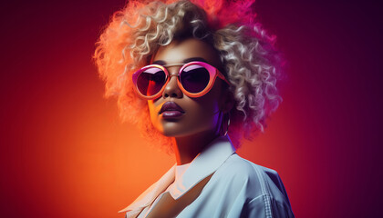 Young mulatto woman in sunglasses on red neon background