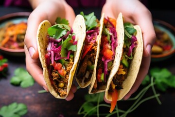 jazzy vegan tacos with human hand reaching - obrazy, fototapety, plakaty