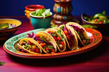 vegan tacos displayed on a colourful plate - obrazy, fototapety, plakaty