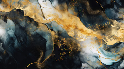 Marble ombre, alcohol ink, abstract art. Background made of mixture of black and gold paints, gold veins. Generative AI