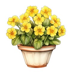 A potted plant with yellow flowers on a white background, primrose flower pot.