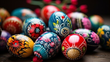 Fototapeta na wymiar A close-up of intricately decorated Easter eggs with traditional folk patterns and bright colors